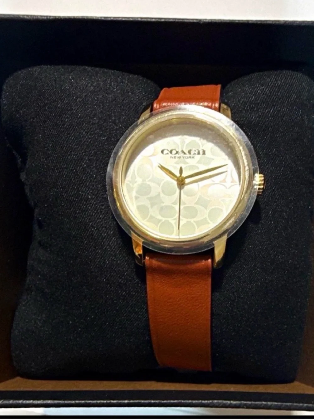 NIB Coach Women's Gold-Tone Case Watch with Brown Leather Strap